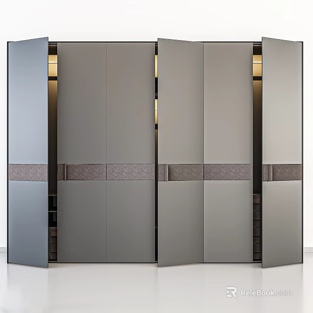 Modern Wardrobe Design With Mirrored Doors Gray Finish And Decorative Strips 3d model 