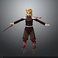 Anime Style Character With Blonde Hair Dark Red Uniform Sword Flame Patterns And Red Scarf