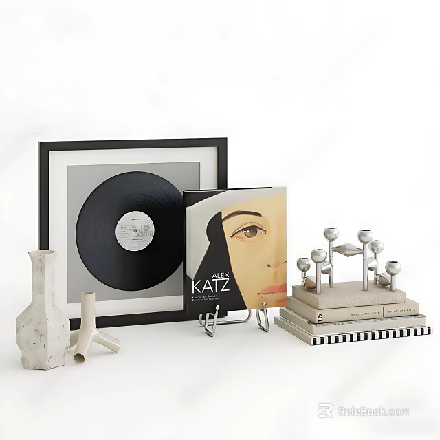 Decorative Ornament Set With Framed Vinyl Record Art Book Ceramic Vases And Metal Geometric Decor 3d model 