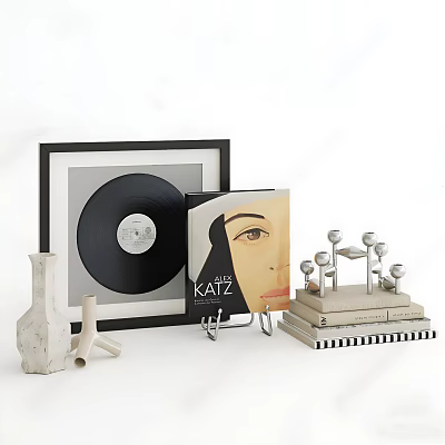 Decorative Ornament Set With Framed Vinyl Record Art Book Ceramic Vases And Metal Geometric Decor 3d model