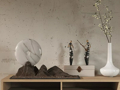 Decorative Ornament Set With Marble Circular Ornament Mountain Decor Figurines White Vase On Wooden Shelf 3d model