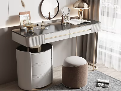 Elegant Modern Dressing Table With Round Mirror Gold Lamp Cosmetics And Soft Stool 3d model