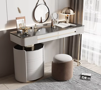 Elegant Modern Dressing Table With Round Mirror Gold Lamp Cosmetics And Soft Stool 3d model
