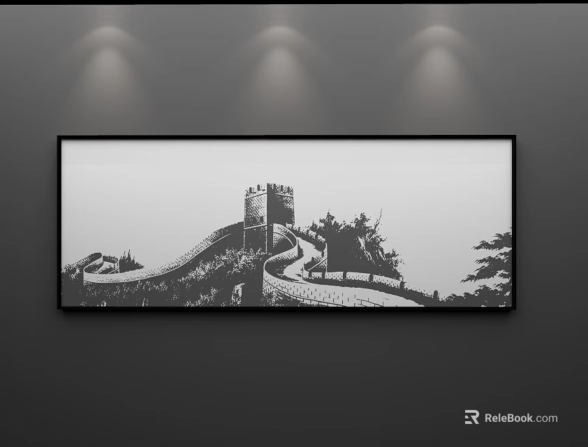 Black and White Great Wall Tower Landscape Painting With Framed Wall Art 3d model 