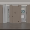 Public Restroom Interior With Stalls Doors Sign Sink And Wall Art