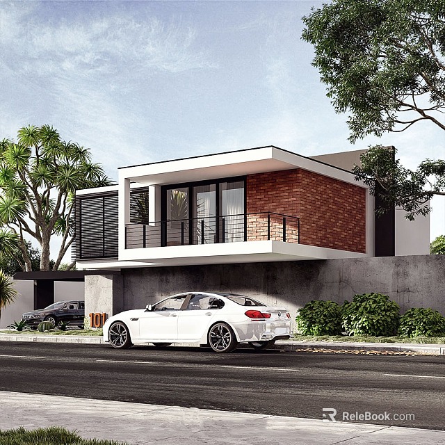 Modern Detached Villa Exterior With Glass Windows Brick Wall Green Plants And Parked Car 3d model 