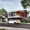 Modern Detached Villa Exterior With Glass Windows Brick Wall Green Plants And Parked Car