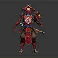 Red Samurai Armor With Detailed Ornamental Design Traditional Hat And Weapon