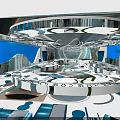 Futuristic Space Station Interior Design With Circular Control Center And Blue Backdrop