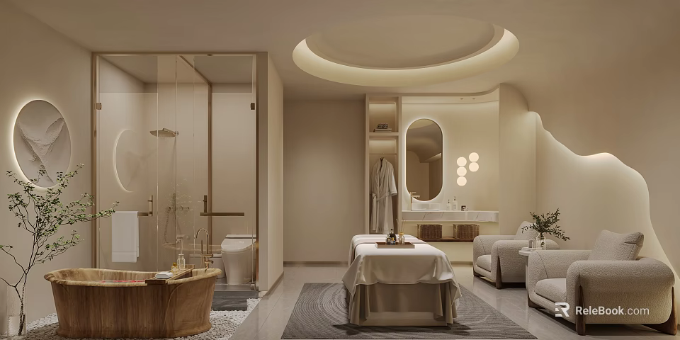 Modern SPA Room With Massage Bed Bathtub And Lounge Chairs 3d model 