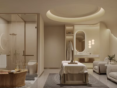 Modern SPA Room With Massage Bed Bathtub And Lounge Chairs 3d model