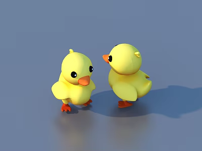 Two Cute Yellow Ducklings With Orange Feet Standing On Gray Background 3d model