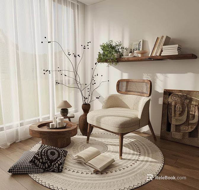 Comfortable Beige Rattan Backrest Leisure Chair With Wooden Legs Round Table Open Book Woven Rug 3d model 