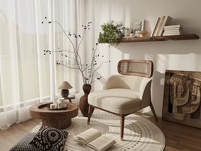 Comfortable Beige Rattan Backrest Leisure Chair With Wooden Legs Round Table Open Book Woven Rug 3d model