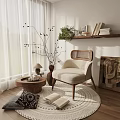 Comfortable Beige Rattan Backrest Leisure Chair With Wooden Legs Round Table Open Book Woven Rug