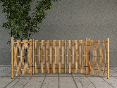 Natural Bamboo Fence Screen With Green Plants And Stone Floor Setting 3d model