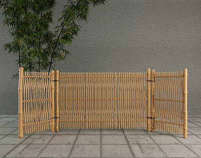Natural Bamboo Fence Screen With Green Plants And Stone Floor Setting 3d model