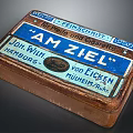 Vintage Metal Box Sculpture With Carved German Text And Rustic Design