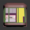 Cartoon Scene of Pink Mobile House With Transparent Windows Green Borders and Interior Furniture
