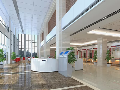Modern Service Hall Interior With Service Counter Waiting Seats And Green Plants 3d model
