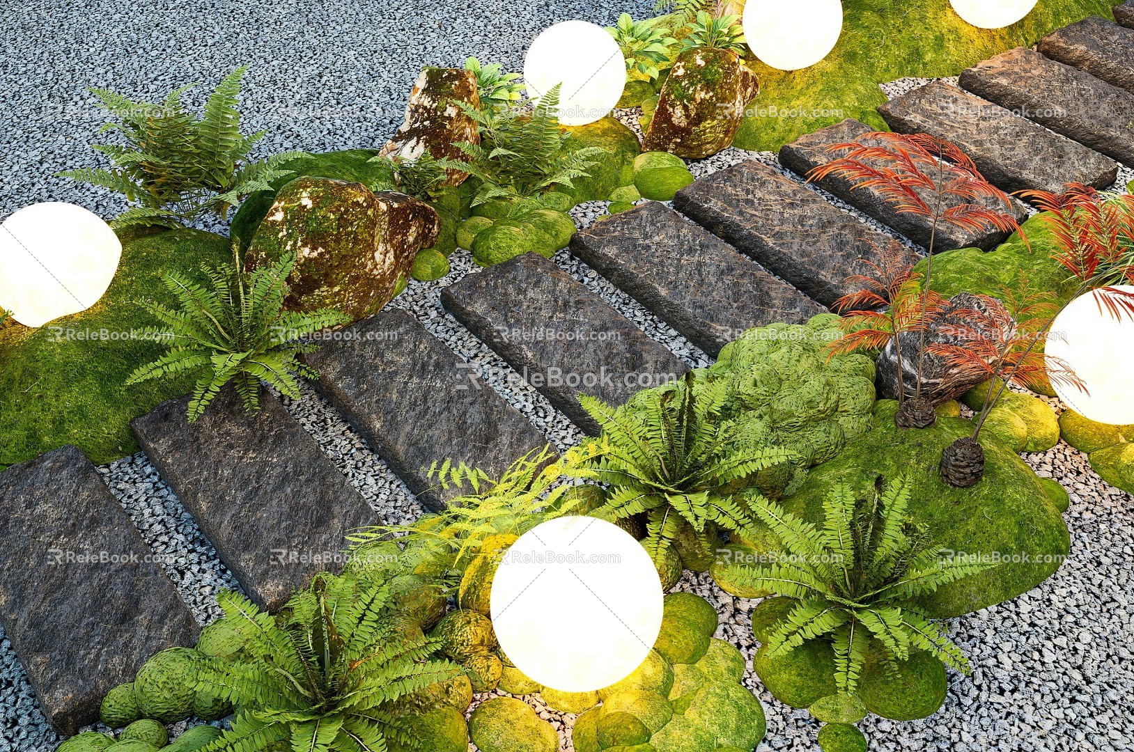 New Chinese Style Landscape Ting Stone Head Garden Paving Fresh Moss Micro Terrain model