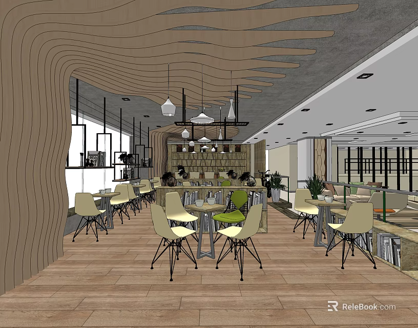Modern Coffee Shop Interior Design With Wooden Decor Hanging Lights And Green Chairs 3d model 