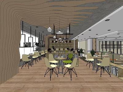Modern Coffee Shop Interior Design With Wooden Decor Hanging Lights And Green Chairs 3d model