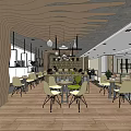 Modern Coffee Shop Interior Design With Wooden Decor Hanging Lights And Green Chairs