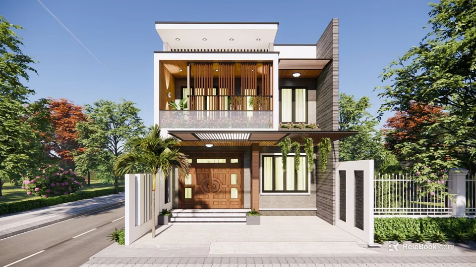 Modern Two Story Detached Villa Exterior Design With Wooden Door Large Windows And Balcony 3d model 