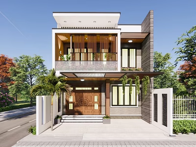 Modern Two Story Detached Villa Exterior Design With Wooden Door Large Windows And Balcony 3d model
