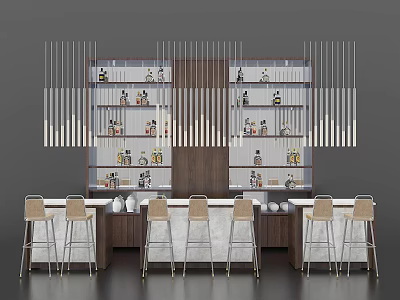 Modern Bar Counter Design With Wooden Shelves Decorative Items And Bar Stools 3d model