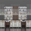 Modern Bar Counter Design With Wooden Shelves Decorative Items And Bar Stools