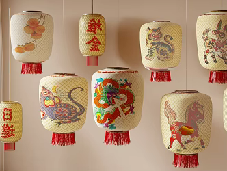 New Chinese Lantern Hot Pot Restaurant Chandelier Chaoshan Bamboo Lantern Oil Paper Lantern 3d model