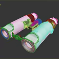 Silver And Yellow Binoculars With Black Connecting Parts On Black Surface With Reflections