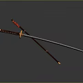 Japanese Katana Sword with Red Decorated Handle Brown Scabbard and Silver Blade on Black Background