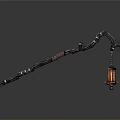Decorative Wooden Staff With Carved Handle And Hanging Red Illuminated Lantern