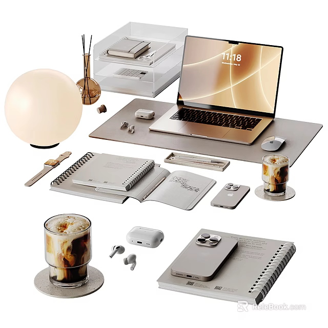 Modern Desk Decorative Ornament Set With Laptop Phone Lamp Coffee Cup Notebooks And Mouse 3d model 