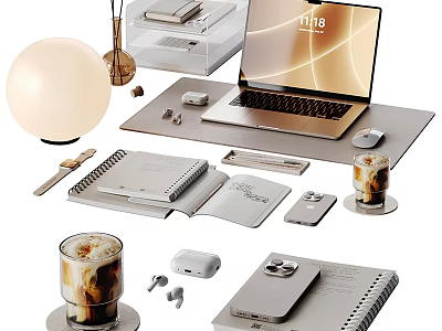 Modern Desk Decorative Ornament Set With Laptop Phone Lamp Coffee Cup Notebooks And Mouse 3d model