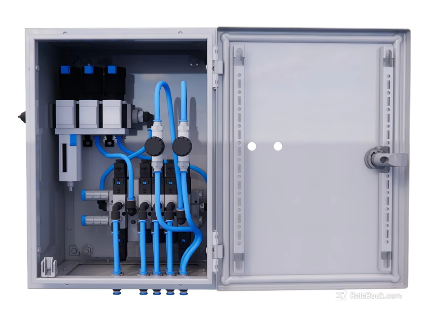 Gray Industrial Control Cabinet With Open Door Blue Pipes Black Valves 3d model 