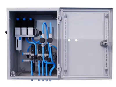 Gray Industrial Control Cabinet With Open Door Blue Pipes Black Valves 3d model