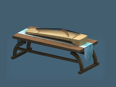 Elegant Traditional Chinese Guqin Placed On Wooden Bench With Decorative Cloth 3d model