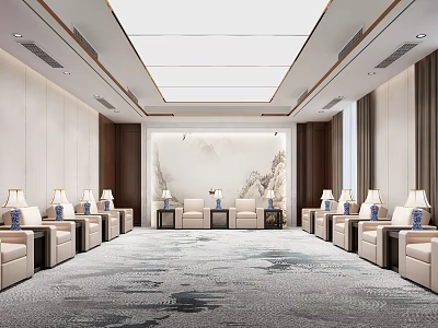 Elegant Spacious Hotel Public Lounge Area With Beige Sofas Coffee Tables And Landscape Painting 3d model