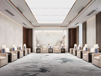 Elegant Spacious Hotel Public Lounge Area With Beige Sofas Coffee Tables And Landscape Painting 3d model