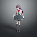 Anime Style Child Character in School Uniform with Pink Bow Gray Skirt and Purple Shoes