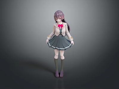 Anime Style Child Character in School Uniform with Pink Bow Gray Skirt and Purple Shoes 3d model