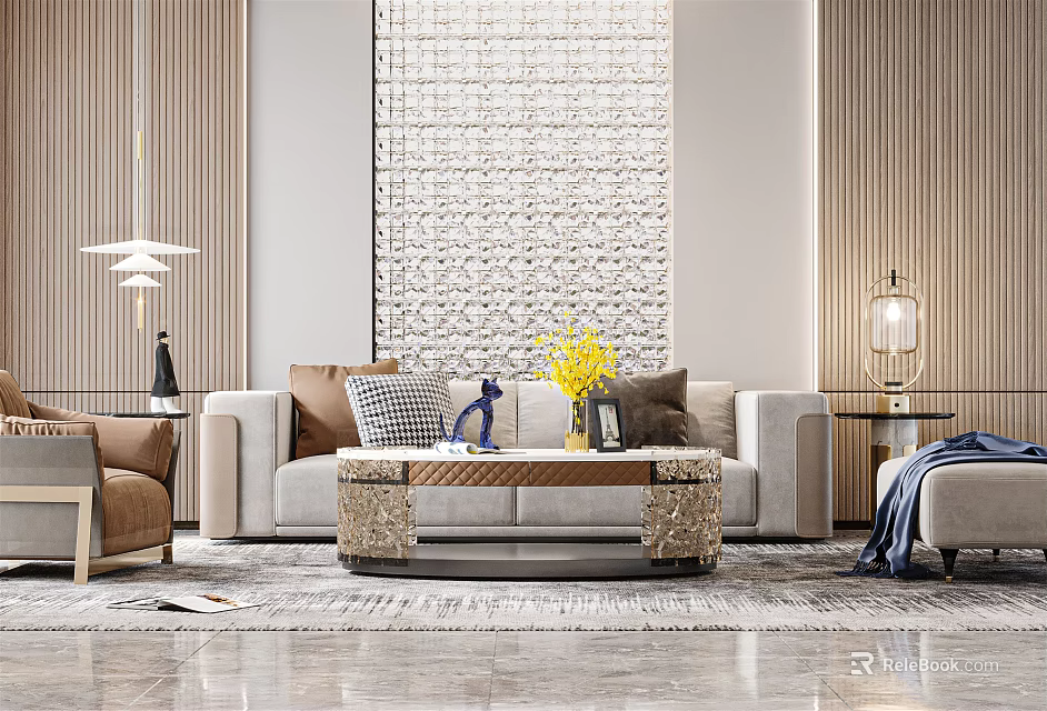 Modern Stylish Sofa Coffee Table Combination With Decorative Pillows And Area Rug 3d model