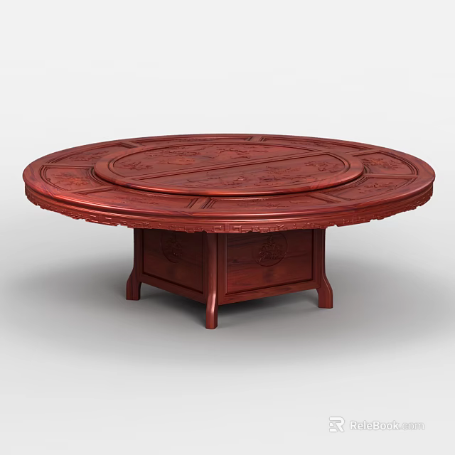 Round Red Solid Wood Carved Dining Table With Traditional Chinese Rotating Tray 3d model