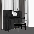 Black Piano With Music Sheet On Top And Wooden Bench By Gray Curtains