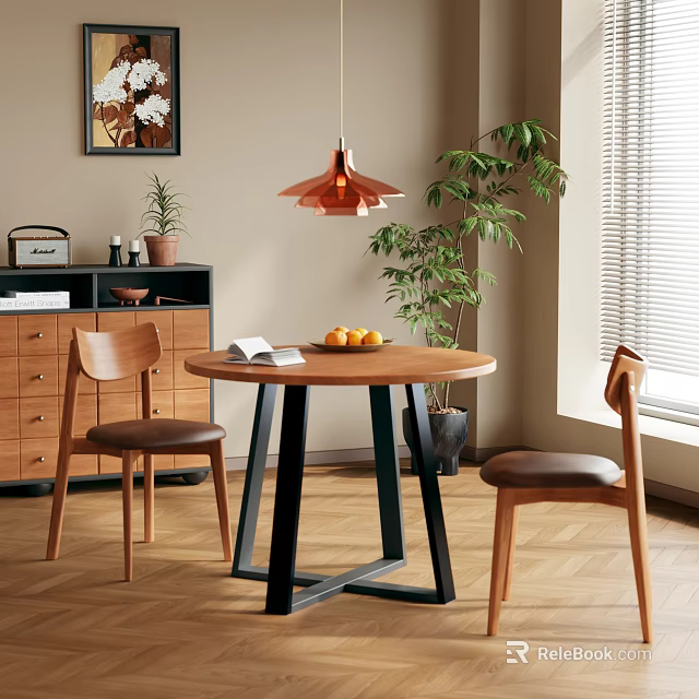 Retro Solid Wood Dining Chairs With Leather Padded Seat For Warm Cozy Home Dining Room 3d model 