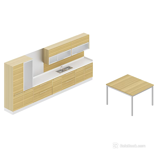 Modern Kitchen Cabinets Featuring Light Wood Finish White Countertop And Dining Table 3d model